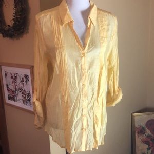 CHICOs Size 2 Large PinTuck Button Front Blouse Tab Sleeves $55 NEW